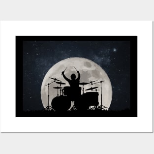 Drummer Playing Drums In Moon Space Solar System Posters and Art